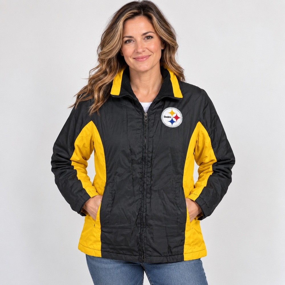 NFL Pittsburgh Steelers Jacket Women Medium Black Gold Ripstop Windbreaker